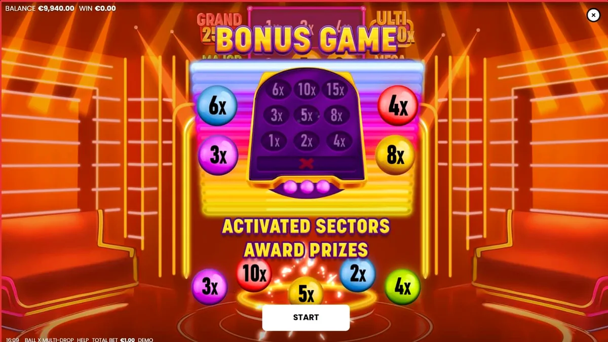 Tampilan visual neon dari slot Ball X Multi-Drop dengan simbol buah dan angka 7.