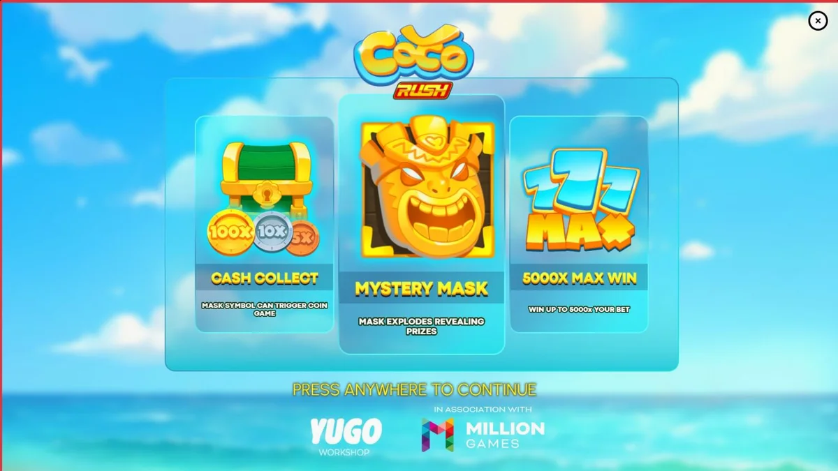 Tampilan visual slot Coco Rush dengan tema pulau tropis dan simbol harta karun.